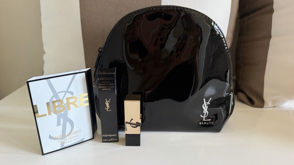 YSL Beauty Cosmetic Black Patent Leather Pouch Mini Perfume, Lipstick & Mascara